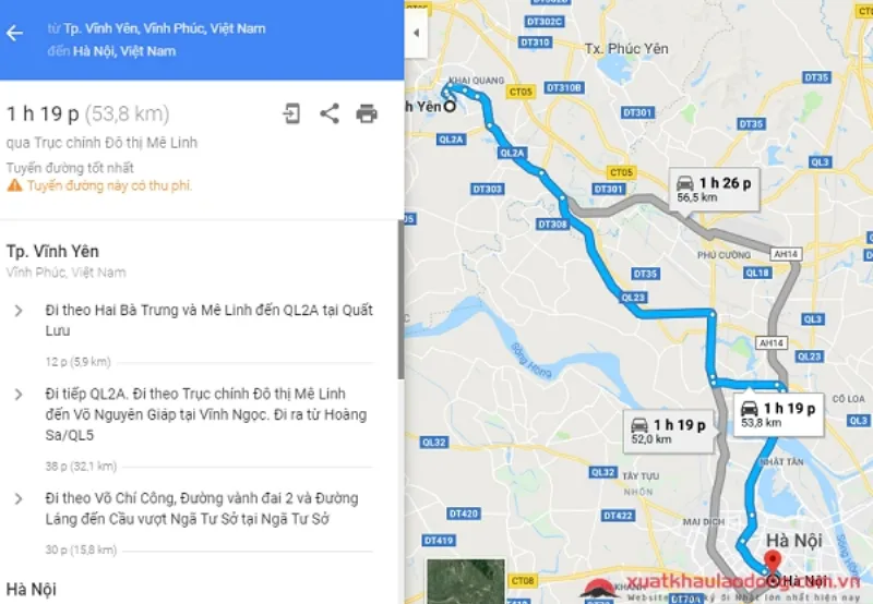 Bản đồ đường đi từ Vĩnh Phúc đến Hà Nội