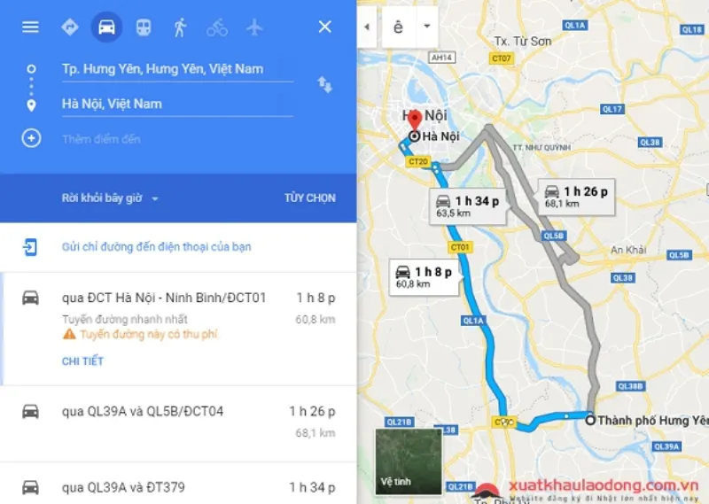 Cung đường di chuyển từ Hưng Yên đến Hà Nội