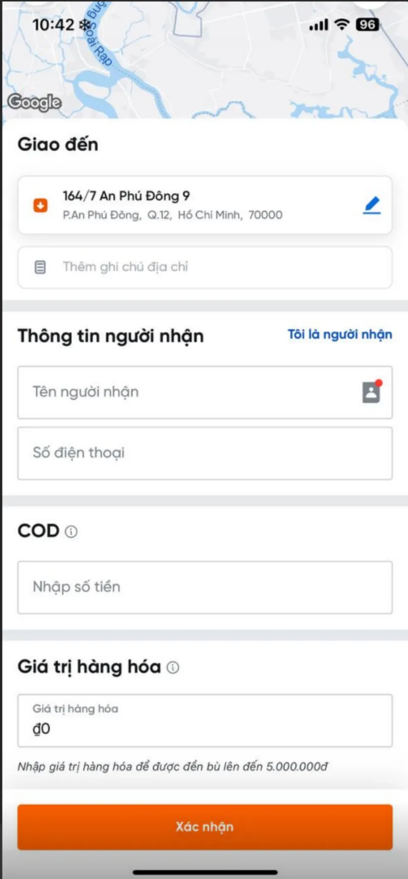 Giao diện đơn hàng không thu hộ