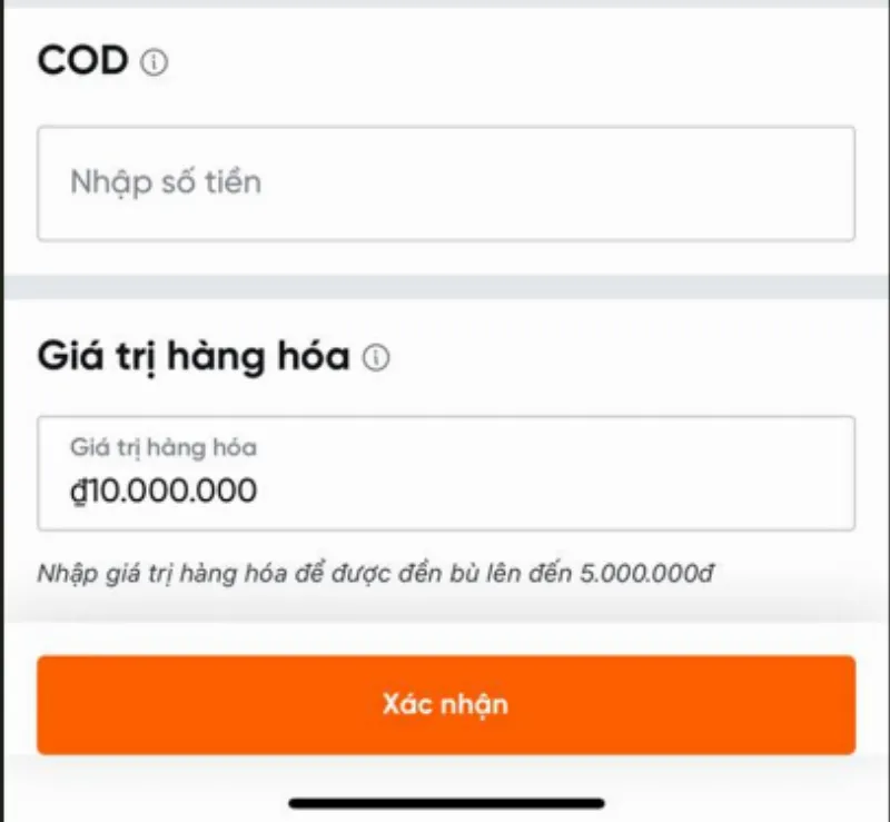 Giao diện kê khai giá trị hàng hóa